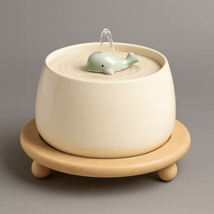 Keramische Drinkfontein Kat | Katspullen Beige met standaard