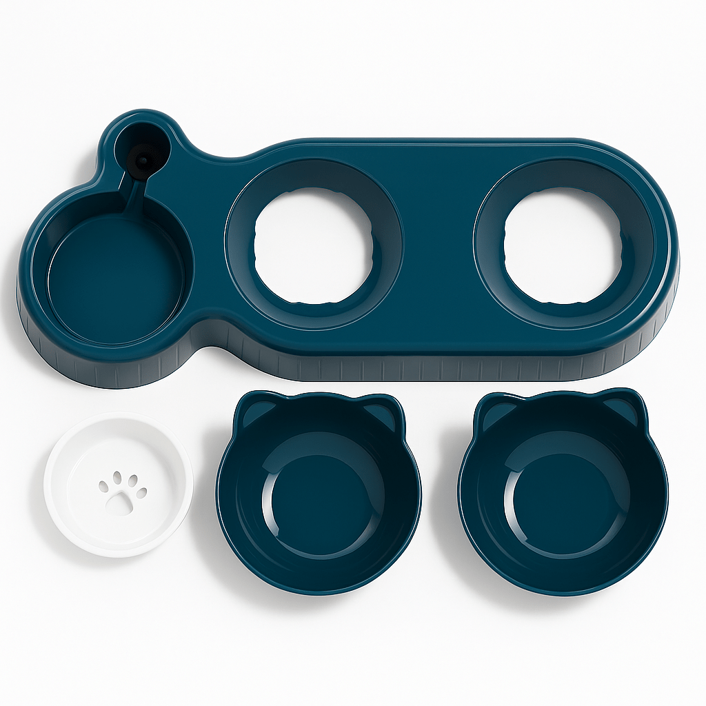 Pet Bowls With Water Feeder, 3 In 1 Ear Design Tilted Cat Water And Food Bowl Set With Gravity Water Bottle For Neck Protection