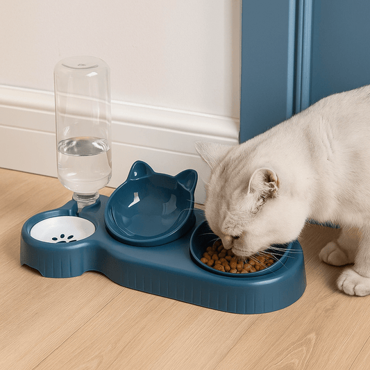 Pet Bowls With Water Feeder, 3 In 1 Ear Design Tilted Cat Water And Food Bowl Set With Gravity Water Bottle For Neck Protection