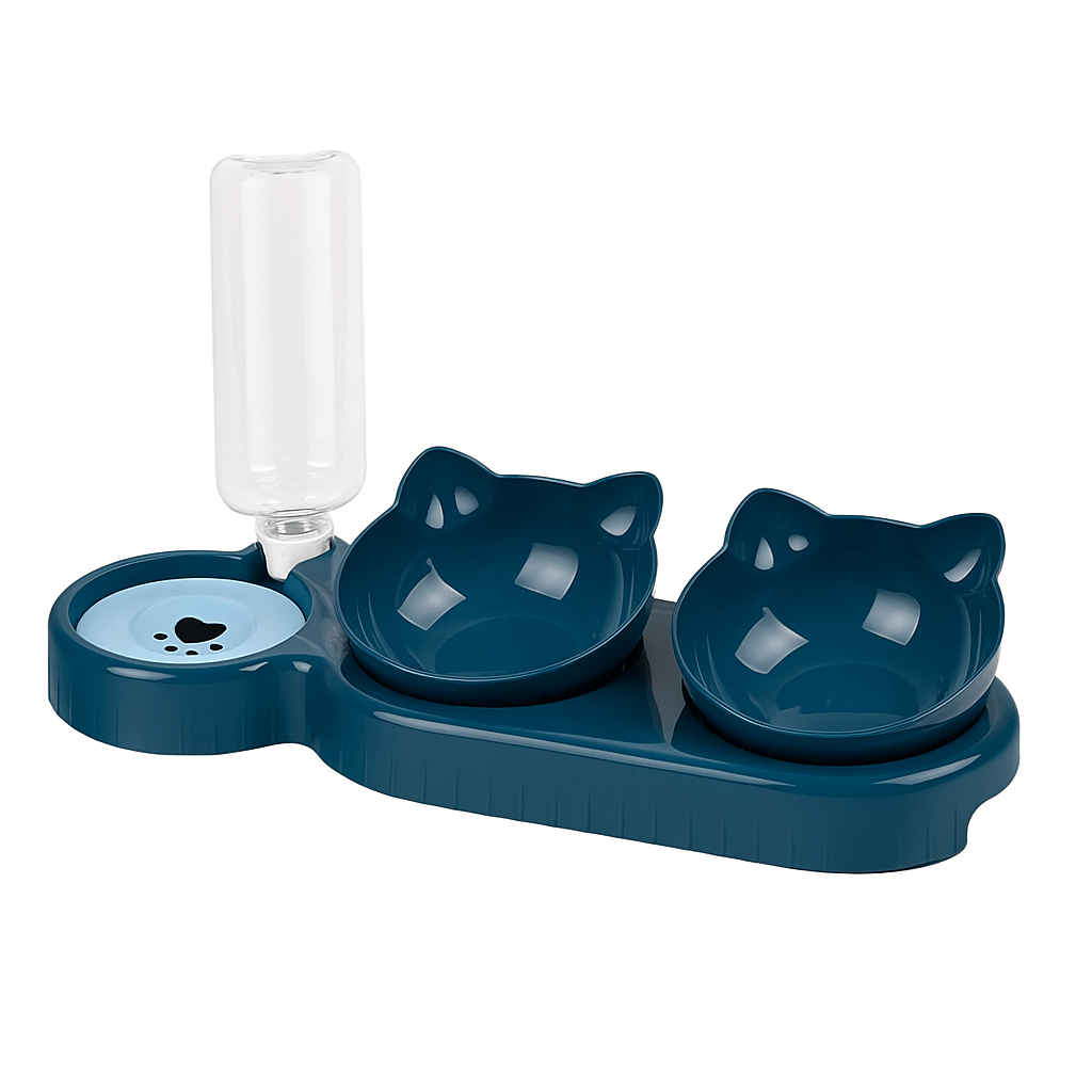 Pet Bowls With Water Feeder, 3 In 1 Ear Design Tilted Cat Water And Food Bowl Set With Gravity Water Bottle For Neck Protection