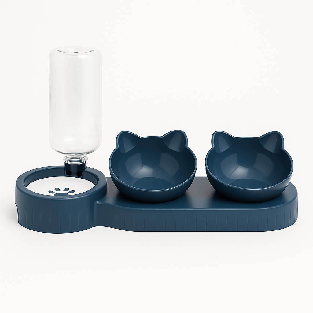 Pet Bowls With Water Feeder, 3 In 1 Ear Design Tilted Cat Water And Food Bowl Set With Gravity Water Bottle For Neck Protection Donkerblauw
