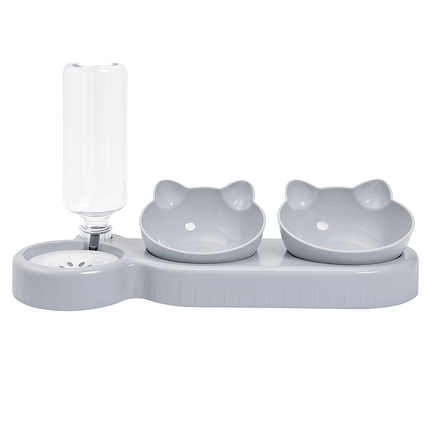 Pet Bowls With Water Feeder, 3 In 1 Ear Design Tilted Cat Water And Food Bowl Set With Gravity Water Bottle For Neck Protection Grijs