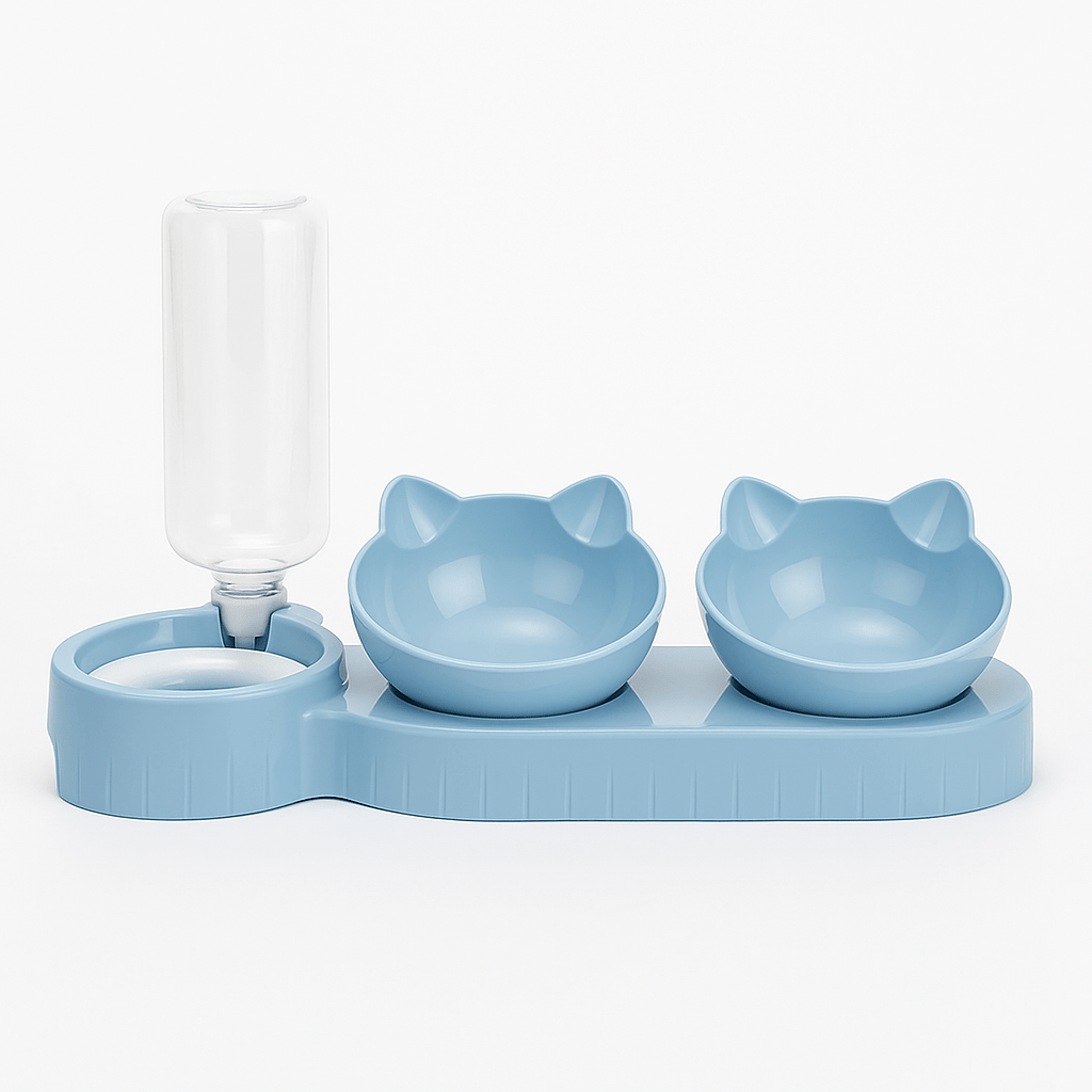 Pet Bowls With Water Feeder, 3 In 1 Ear Design Tilted Cat Water And Food Bowl Set With Gravity Water Bottle For Neck Protection Lichtblauw