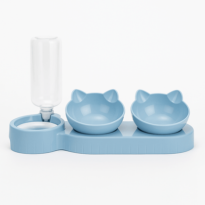 Pet Bowls With Water Feeder, 3 In 1 Ear Design Tilted Cat Water And Food Bowl Set With Gravity Water Bottle For Neck Protection Lichtblauw