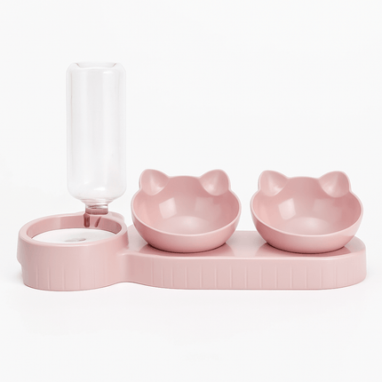 Pet Bowls With Water Feeder, 3 In 1 Ear Design Tilted Cat Water And Food Bowl Set With Gravity Water Bottle For Neck Protection Roze