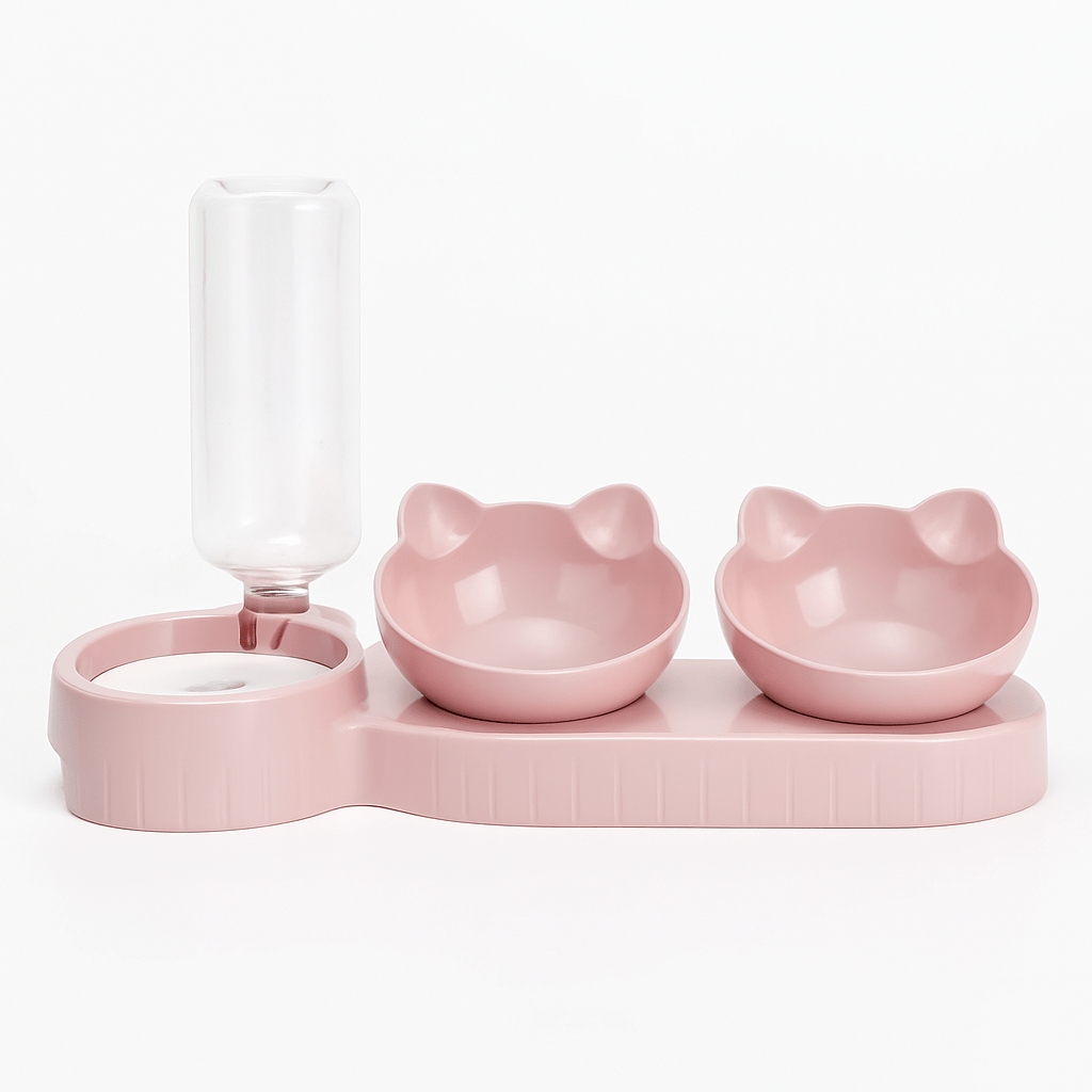 Pet Bowls With Water Feeder, 3 In 1 Ear Design Tilted Cat Water And Food Bowl Set With Gravity Water Bottle For Neck Protection Roze