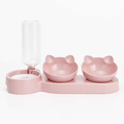 Pet Bowls With Water Feeder, 3 In 1 Ear Design Tilted Cat Water And Food Bowl Set With Gravity Water Bottle For Neck Protection Roze