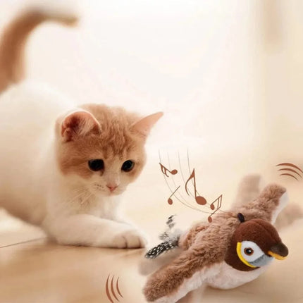 Simulated Bird Cat Toy Touch Sensitive Plush Toy Rechargeable Chirping Flapping Bird Cat Toy Touch Squeak Bird Plush Toy Brown