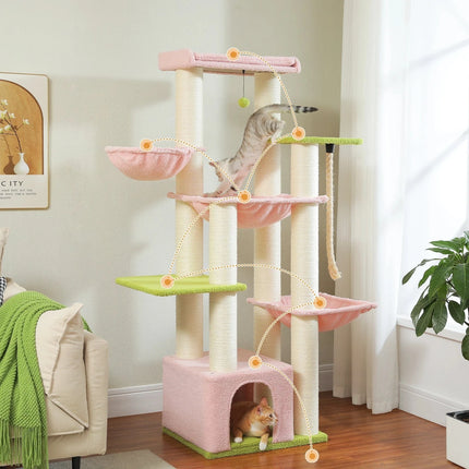Tall Cat Tree with Condo Hammock Bed Large Cat Sisal Scratching Post for Indoor Multi-Level Cat Tower with Plush Perch Play Ball
