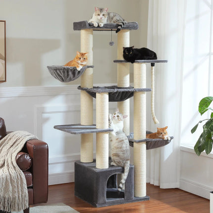 Tall Cat Tree with Condo Hammock Bed Large Cat Sisal Scratching Post for Indoor Multi-Level Cat Tower with Plush Perch Play Ball