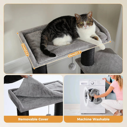 Tall Cat Tree with Condo Hammock Bed Large Cat Sisal Scratching Post for Indoor Multi-Level Cat Tower with Plush Perch Play Ball
